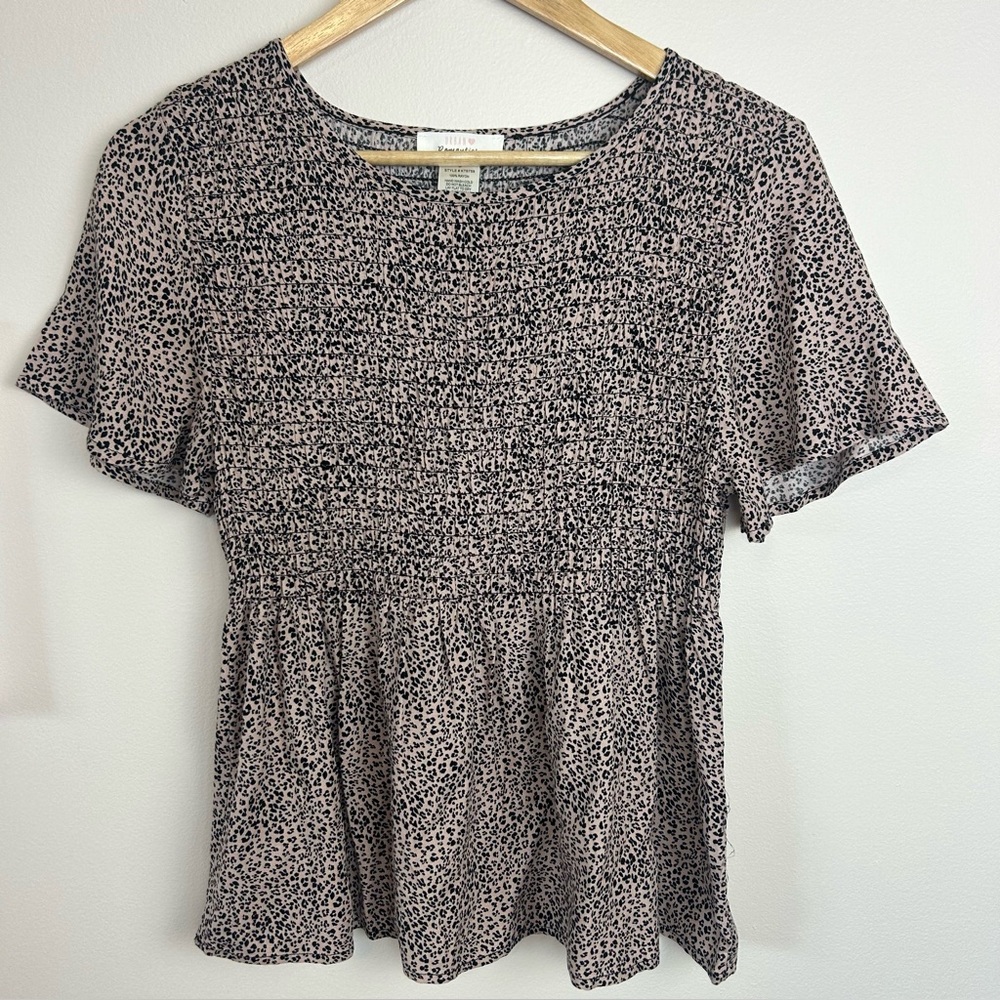 Urban Romantics Leopard Print Smocked Peplum Flutter Sleeve Blouse